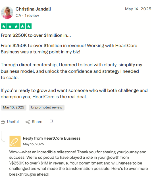 Customer review of HeartCore Business on a platform, featuring a star rating and text about business growth.
