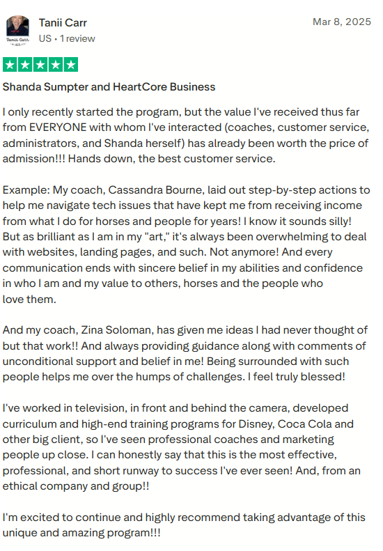 Review of a program with a positive experience, featuring Shanda Sumpter and HeartCore Business.