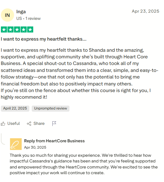 Customer review on a platform with a response from HeartCore Business.