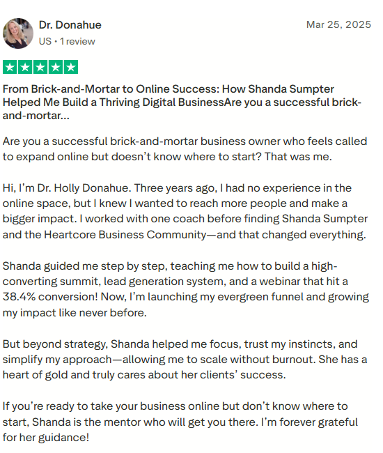 Review of Shanda Sumpter's services for digital business transformation on a white background
