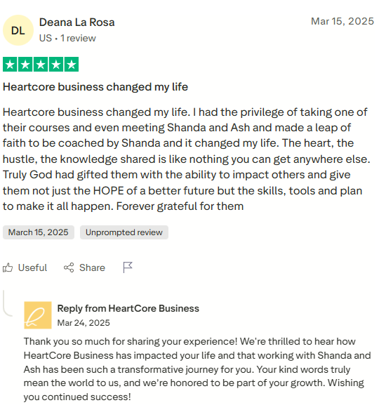 Five-star review from a customer about Heartcore Business on a white background