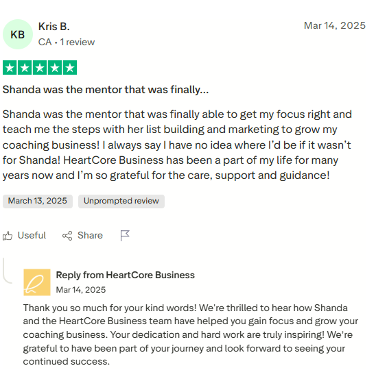 Five-star review of Shanda, a mentor for a coaching business, with a response from HeartCore Business.